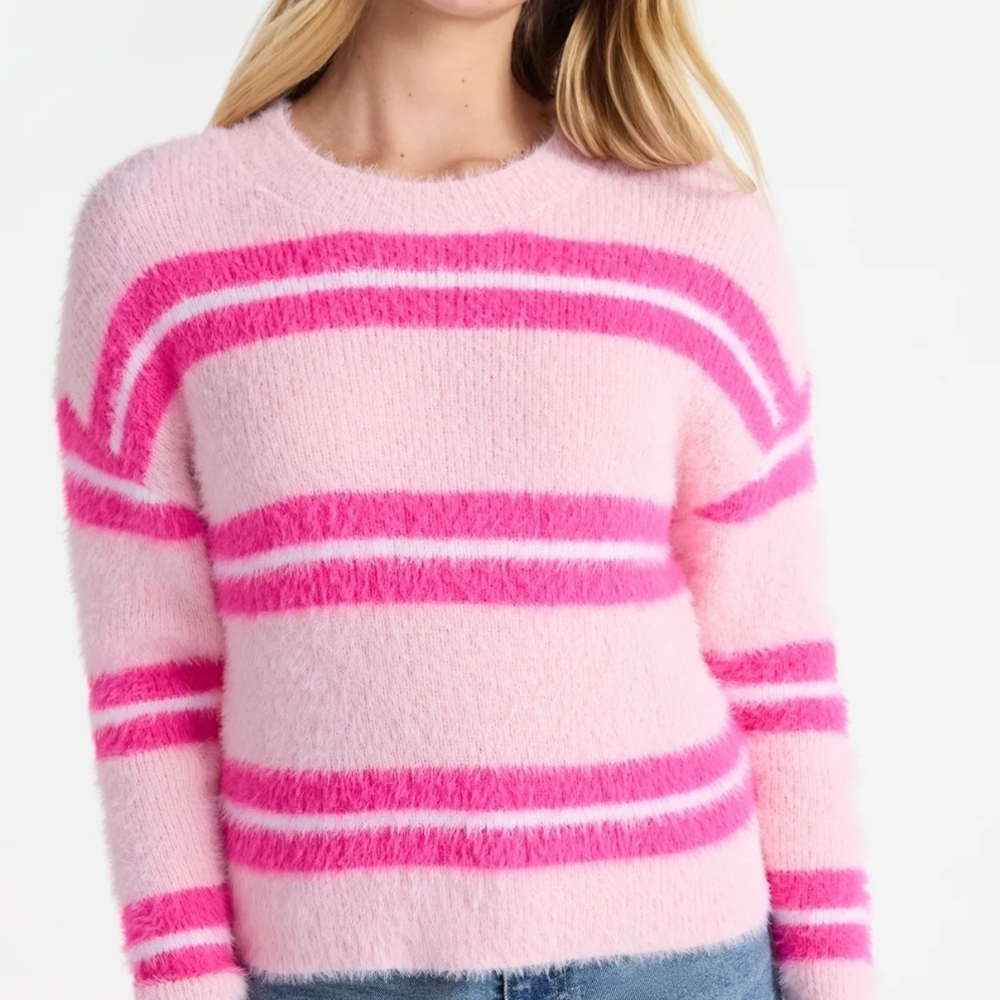 No Boundaries Fuzzy Pink and White Striped Sweater
